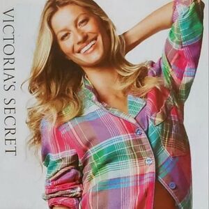 Victoria's Secret Rainbow Stripe Plaid Button-Down Pink Long Sleeve Shirt